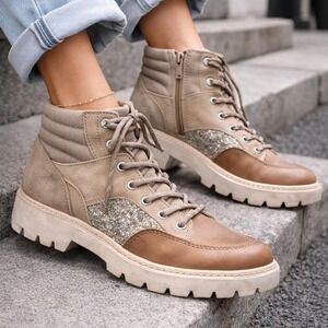 Tan and brown lace up boots with glitter #glamour #party #heels